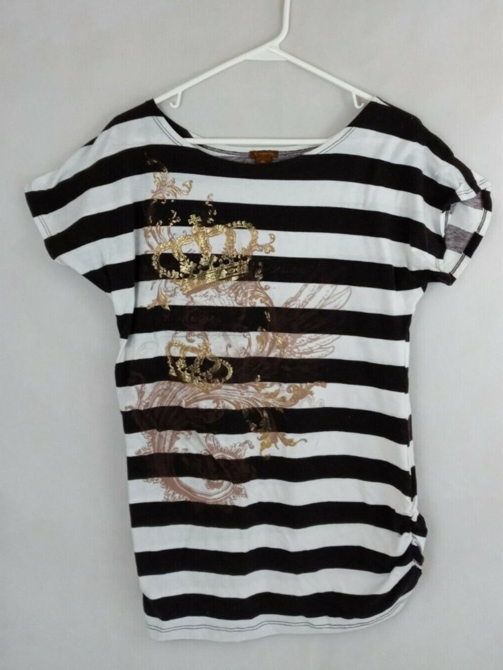 Copper Key Brown & White Stripe Shirt With Crown Design Size XL